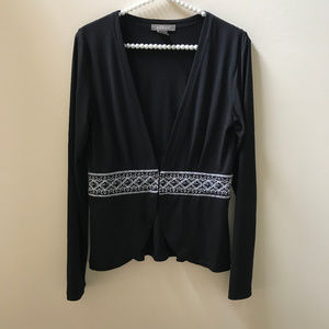 Kenar Black Long Sleeve Open Cardigan with White Embroidered Waist